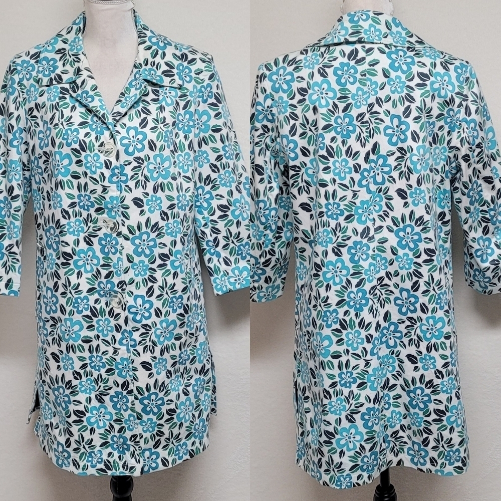 Bill Blass Vintage Teal Turquoise Retro Floral Print Trench Coat Rain Coat 12